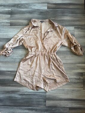 Fashion Nova Blush Satin Button-Up Utility Romper